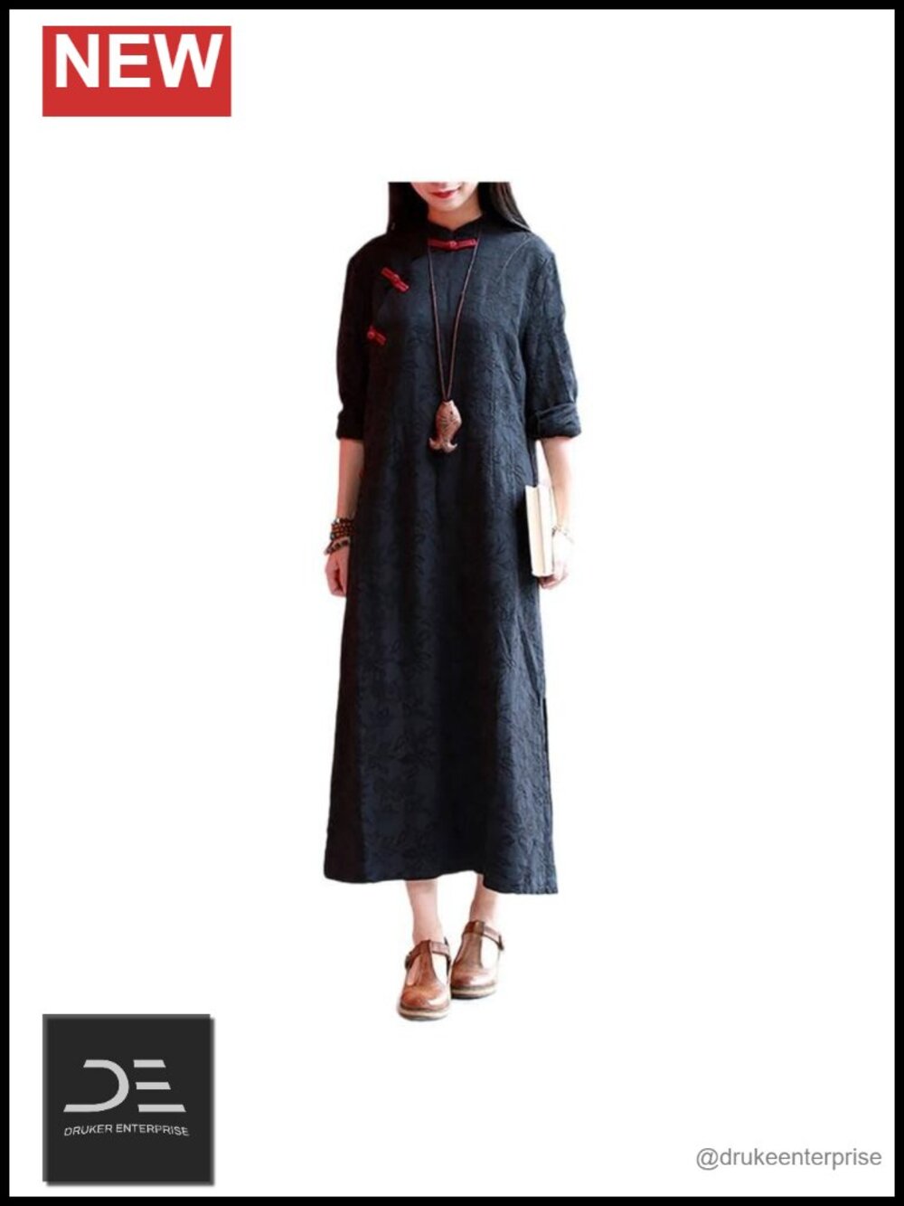 Jacquard Cotton Linen Qipao Dress Mandarin Collar Frog Button Cheongsam